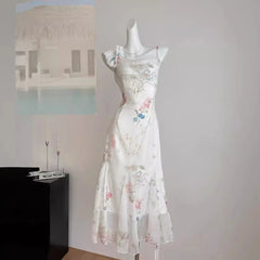 Cyflymder Beautiful dresses popular in the summer for seaside vacations, stunning white floral dresses for women