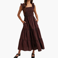 Cyflymder Shirred Elastic A-line Dresses Cottage Vintage Plaid Maxi Dress Women Ruffles Sleeveless Sqaure Collar Flowy Long Dress