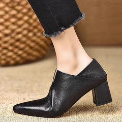 Cyflymder Comfortable Black Soft Leather 5.5cm High Heels Pointed Toe Chunky Heel Women's Shoes Versatile Deep Mouth Single Shoes