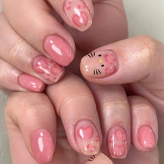 Cyflymder Cute Pink Cat Paw Print Kitten Nail Art Shiny Nude Cat Eye Wearable Fake Nails Detachable Finished False Nails Press on Nails