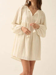 Cyflymder Women s Long Sleeve V Neck Nightgown Babydoll Sleepwear with Stripes Print Mini Sleep Dress Nighty for a Cozy Night s Rest