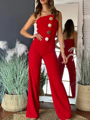 Cyflymder New Women's Front Button Slim Fit Wide Leg Jumpsuit, Comfortable Fit, Fashionable and Casual Versatile Jumpsuit, Suitable F