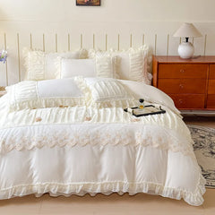Cyflymder Luxury Solid Color Bed Skirt Bedding Sets with Lace Silky Breathable Bedclothes for Home All Seasons Single Double Bedspread Kit