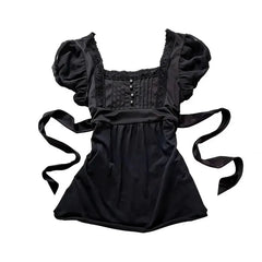 Cyflymder Punk Fashion French Elegant Square Collar Short Sleeve T Shirts Harajuku Spliced Lace Edge A-line Clothes Y2k Lace Up Design Tee