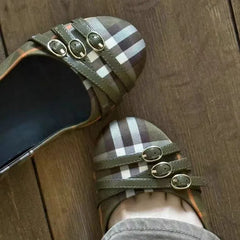 Cyflymder summer new French retro plaid double belt buckle round toe shallow mouth single shoe versatile ballet Mary Jane shoes