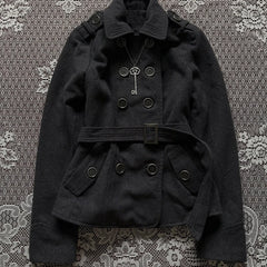 Cyflymder Vintage Gothic Grunge Women Short Coat Double Breasted Belted Waist Autumn and winter Jacket Sweet Fashion Casual Chic Harajuku