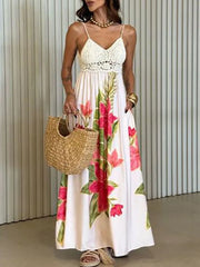 Cyflymder Sexy Off Shoulder Crochet Hollow Suspender Dress Fashion Sleeveless Hollow Beach Long Dress Elegant Backless Printed Swing Dress