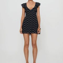 Cyflymder Luxury Women Casual Dot Print Short Dress Lace Slim V Neck Flying Sleeve A-line Mini Dress for Daily Party Club