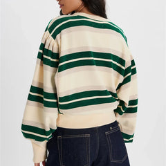 Cyflymder Stripe Print Crew Neck Loose Pullover Hoodie for Women Y2K Vintage Long Sleeve Spring Fall Casual Streetwear Top