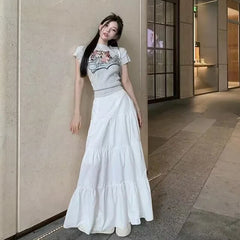 Cyflymder Y2k Clothes Women Skirts Vintage High Waist Elastic Patchwork White White Chic Long Cake A-line Skirt Streetwear