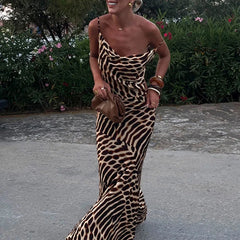Cyflymder Lady Casual Holiday Beach Bohemian Dress Vintage Leopard Print Slim Straps Long Dress Spring Summer V Neck Sleeveless Maxi Dress
