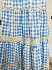 Cyflymder Summer Women's Splicing Blue Plaid A-line Thin Skirt Young Girl Vintage Female High Waist Loose Calf-length Fashion Skirts