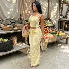 Cyflymder Shirring Vacation Beach 2 Piece Set Women Sexy Lace Up Halter Backless Camis Crop Tops + Bodycon Maxi Skirts Casual Dress Suits