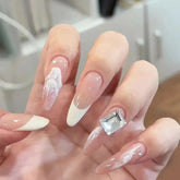 Cyflymder 30Pcs Almond Press on Fake Nails Long French False Nails With Pink Wearable Flower Design Oval Manicure Full Cover Nail Tips