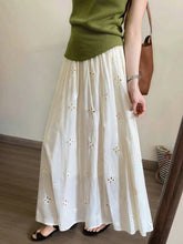 Cyflymder New Style White Elegant Embroidered Hollow Floral Midi Long Skirt for Women, High Waist Dress