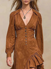 Cyflymder Women's Vintage Suede Fishtail Dress Lapel Sexy Deep V-Neck Button Slim Elegant Dress Chic Long Sleeve High Street Midi Dresses