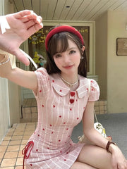 Cyflymder Sweet Hot Girl Heart Printed Striped Dress for Women's Summer Slim Fit Bubble Sleeves A-line Dress Fashion Female Clothes