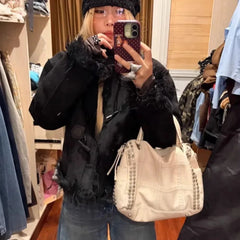 Cyflymder Vintage Hot Girl Studded Tote Bag Women Plaid PU Leather Large Capacity Shoulder Bags Ladies Y2K Fashion Versatile Crossbody Bag