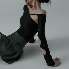 Cyflymder Sexy Tops Women American Style Hollow Out Off Shoulder Long Sleeve T-Shirt Slim Fit Bodycon Y2K Tie Detail Casual Streetwear