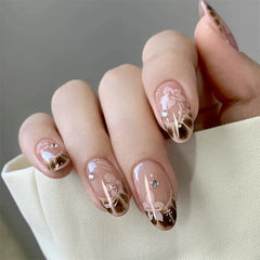 Cyflymder 24pcs Brown French Almond Press on Nails Pink Flower False Nails Wearable Stick-on Nails Fake Nail Накладные Ногти 네일팁 Uñas
