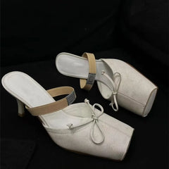 Cyflymder Sheepskin Version Summer New Square Toe Bow One Strap Sandals Women Genuine Leather Korean Thin Heel Closed Toe Dress Footwear