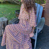Cyflymder Women Bohemia Casual Dress Summer Geometric Print Neckline Lace-up Puff Sleeves Long Dresess Holiday Beach Robe A-Line Vestidos