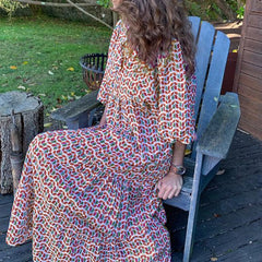 Cyflymder Women Bohemia Casual Dress Summer Geometric Print Neckline Lace-up Puff Sleeves Long Dresess Holiday Beach Robe A-Line Vestidos