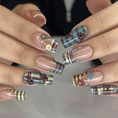 Cyflymder 24pcs Vintage French Style Stripes Press On Nails Cartoon Ladybug Button Designs Coffin False Nails Blue Brown Plaid Fake Nail