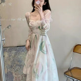 Cyflymder Dresses Women Floral Printed Square Collar Puff Long Sleeve French Style Chic Temperament Elegant Dress Female Fashion