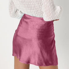 Cyflymder High Waist Zipper Satin Ribbon Lined Skirt For Lady Fashion Solid Color Lightweight Verrsatile Summer A-line Half Skirt
