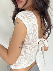 Cyflymder Holiday Slim Lace Backless Bandage Cropped T-Shirt See Through Sexy O-Neck Short Sleeve Tees Women 2025 Summer Fashion