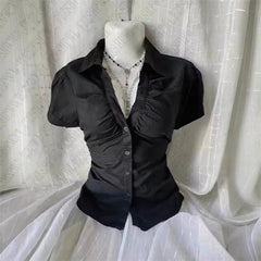 Cyflymder Slim Polo Collar Pleated Single Breasted Waist Cinch Striped Or Solid Shirt For Women Elegant Chic Office Work Commute Gift
