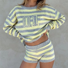 Cyflymder Women's Striped Shorts Set Autumn Long Sleeve Round Neck Sweater and Elastic Waist Shorts Stylish Casual Outfits