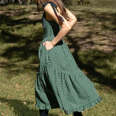 Cyflymder Women Y2k Long Tank Dress Sleeveless Plaid Print Bow Tie Strappy A-line Maxi Dress Summer Casual Midi Dress