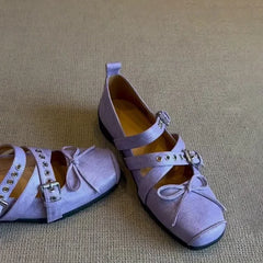 Cyflymder Leather Version Square Head Butterfly Knot Sports Ballet Shoes Buckle Lightweight Genuine Leather Retro Mary Janes Flats
