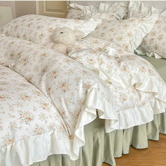 Cyflymder Princess Style Lace Bed Skirt Four Piece Set Small Floral Print Soft Bedding Set Cotton Fabric Skin Friendly Nude Sleeping Sheet