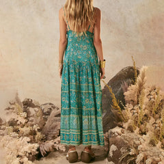 Cyflymder Women Beach Dress y2k Boho Floral Print V Neck Spaghetti Strap Sleeveless Long Flowy Dress Vacation Cocktail Dresses