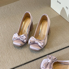 Cyflymder Woman Square Toes Bowknot Design Women High Heels Shoes Fashion Women Grace Chunky Heels Lady Party Shoes 90869