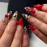 Cyflymder 24Pcs 3D Flower Cherry Chain Press on False Nails Red Leopard Print French Manicure Tips Mid-length Almond Detachable Fake Nails