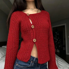 Cyflymder Women Y2K Red Crochet Knit Cardigan Round Neck Wooden Button Long‑Sleeve Split Hem Casual Cropped Sweater Outerwear