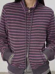 Cyflymder Harajuku Vintage Casual Stripe Hoodie Y2k Aesthetic Dual Zippers Grunge Hoody Women Streetwear Stand Neck Drawstring Sweatshirs