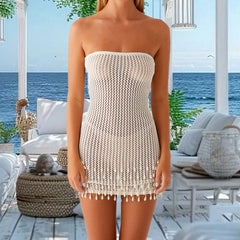 Cyflymder y2k Women Crochet Knit Dress with Tassels Hollow Out Off Shoulder Strapless Mini Bodycon Dress Beach Party Dresses