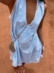 Cyflymder Women s Sleeveless Floral Print Mini Dress with Deep V Neckline and Eyelet Detailing - Perfect for Summer Beach Days