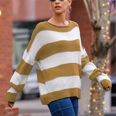 Cyflymder Women Colorblocked Stripes Rolled Hem O Neck Pullover Sweater Autumn Winter Loose Jumpers Female Comfortable Casual Knitted Tops