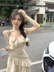 Cyflymder Fairy Floral Chiffon Sling Dress Women Summer Flying Sleeve Ruffle Waist Irregular Long Dresses Sweet Print Beach Robe