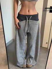 Cyflymder Women American Vintage Plaid Spliced Casual Pants Drawstring Waist Loose Irregular Wide Leg Floor-Length Trousers