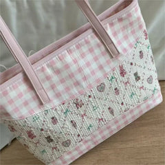 Cyflymder Sweet Cute Pink Plaid Tote Bag Women Harajuku Romantic Lace Detail Shoulder Bags Female Large Capacity Casual Handbag