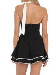 Cyflymder Women Strapless Mini Dress Summer Scalloped Trim A-Line Party Dress and Satin Scarf Set for Cocktail Beach Streetwear