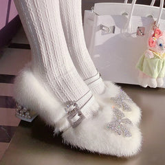 Cyflymder French High Heel Furry Shoes Women Fleece Lined Warm Winter Pumps Bow Square Toe Mary Jane Block Heel Footwear