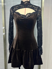 Cyflymder Spring Autumn Long Sleeve Elegant Velvet Lace Mini Dress Women's Clothing Casual Party Work Evening Office Lady Dresses